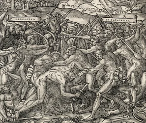 Bitva mezi kmeny Margageaz a Tabajares, rytina z Universal Cosmology, Andre Thevet (1504-1592)
