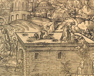 Křesťanský hřbitov Acheldemach, rytina z Cosmographie universelle, od Andre Thevet (1504-1592), Paříž