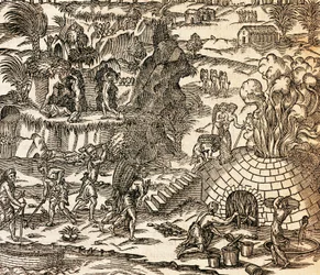 Indičtí otroci pracující v dole na Kubě, Ilustrace z Kosmografie Andre Thevet, rytina
