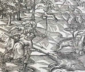 Indiánský lov kance, rytina z Universal Cosmology, Andre Thevet (1504-1592), Paříž