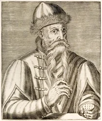 Johannes Gutenberg: Německý vynálezce, jehož vynález pohyblivého tiskového lisu odstartoval tiskařskou revoluci, z knihy True Portraits od André Théveta publikované v roce 1584