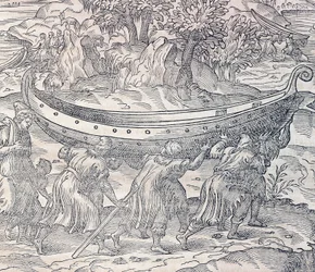 Laponci přenášející své lodě z jednoho místa na druhé, rytina z knihy Univerzální kosmologie, autor Andre Thevet (1504-1592), Paříž