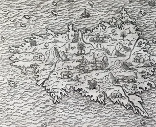 Mapa Sumatry, rytina Andre Thevet (1504-1592), Paříž, Francie