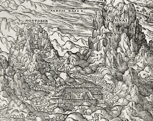 Horská oblast Sinaje, rytina Andre Thevet (1504-1592), Paříž, Francie