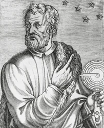 Portrét Kryštofa Kolumba (1451-1506), italského mořeplavce, rytina z Les Vrais portraits et Lives des Hommes illustres