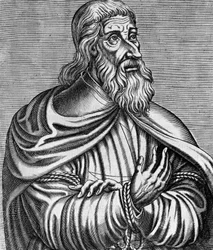 Portrét Jacquese de Molay (1243-1314), francouzského velmistra templářských rytířů, rytina Andre Thevet (1504-1592), publikoval v roce 1584