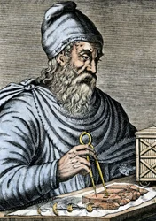 Vědy: Archimédes ze Syrakus (287-212 př. n. l.), řecký matematik z antiky, který používal posuvnou patku pro plány Archimédova šroubu, jehož princip zřejmě vztahuje k Egyptu a který používá ke zvedání vody. Barevná rytina z 19. stol.