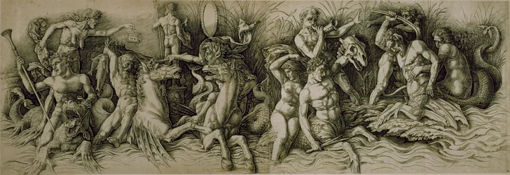Battle of the Sea Gods (pero a hnědý inkoust na papíře)