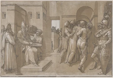 Pilát vlevo si myje ruce na levé straně prostěradla, 1585.