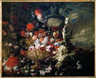 Váza s květinami a ovocem v krajině - Vase de fleurs et fruits dans un paysage ...