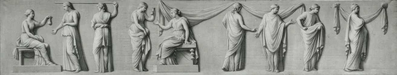 Grisaille panel zobrazující ženský průvod se slzami
