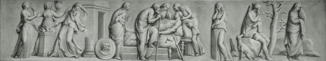 Grisaille panel, zobrazující scénu smrti Meleagera