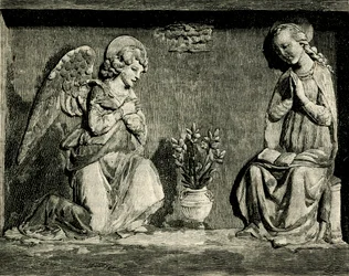Zvěstování, Andrea Della Robbia (1435-1525 nebo 1528), oratoř Madonna del Buon Consiglio, Prato, Toskánsko, Itálie, dřevoryt z Le cento citta d