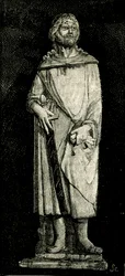 Julian the Hospitaller, socha Andrea Della Robbia (1435-1525 nebo 1528), oratoř Madonna del Buon Consiglio, Prato, Toskánsko, Itálie, dřevoryt z Le cento citta d