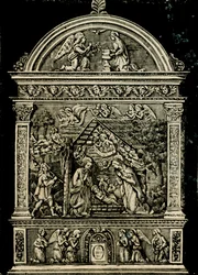 Narození Páně, terakotový oltář od Andrea della Robbia, z kostela Saint Clare, Občanské muzeum Sansepolcro, Toskánsko, Itálie, dřevoryt z Le cento citta d