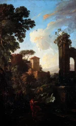 Krajina s ruinami a malíř, Andrea Locatelli (1695-1741), olej na plátně, 41x25 cm.