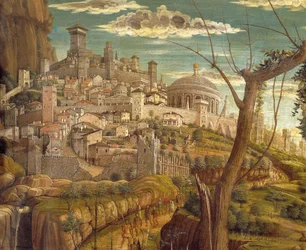 Agónie v zahradě Andrea Mantegna (1431-1506), tempera na dřevě, 71x94 cm, detailní pohled na Jeruzalém