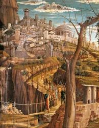 Agónie v zahradě Andrea Mantegna (1431-1506), tempera na dřevě, 71x94 cm, detailní pohled na Jeruzalém