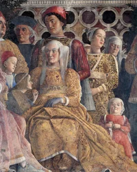 Barbara Braniborská s dcerou Paulou a Rodolfo Gonzaga, detail ze soudní zdi, od Andrea Mantegna (1431-1506), freska, hrad San Giorgio, Svatební komnata nebo Camera Picta, Mantova