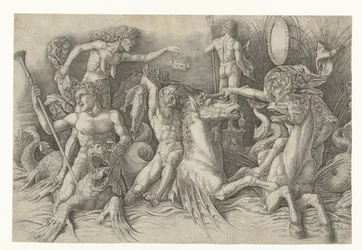 Bitva bohů moře, s Envy (Invidia) na levé straně Bitva mezi satyry na hipokampech a stařenou jako zosobněním závisti stojící na hřbetě draka Bitva mořských bohů