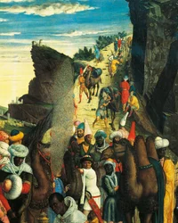 Detail z Klanění tří králů představující karavanu Tří králů od Andrea Mantegny