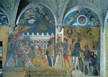 Marchese Ludovico Gonzaga III, jeho manželka Barbara Braniborská, jejich děti, dvořané a jejich pes Rubino, z Camera degli Sposi neboli Camera Picta, 1465-74