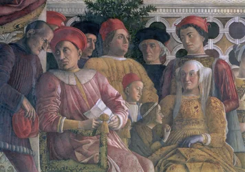 Marchese Ludovico Gonzaga III z Mantovy vládl 1444-78, jeho manželka Barbara Braniborská, děti a dvořané, z Camera degli Sposi nebo Camera Picta, 1465-74 detail fresky z 78449