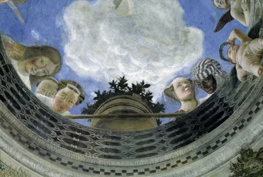 Okulus stropu Sněmovny manželů, Vévodský palác v Mantově, Itálie (Camera degli Sposi, Palazzo Ducale, Mantova): detail alegorických postav a puttů. Freska Andrea Mantegny (1431-1506)