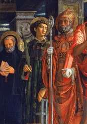 Oltář San Zeno. Detail pravé strany. 1457-1460. Detail ukazuje Augustina z Hrocha, Vavřince Římského a Benedikta z Nursie