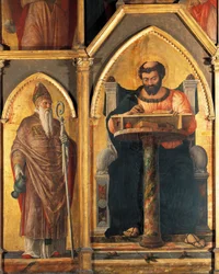 Svatý Lukáš u stolu a svatý Prosdocimus, detail z oltářního obrazu svatého Lukáše od Andrea Mantegny (1431-1506), tempera na dřevě