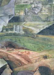 Příjezd kardinála Francesca Gonzagy; práce v mramorovém lomu a idealizovaný pohled na Řím z Camera degli Sposi nebo Camera Picta, 1465-74 detail fresky z 78449