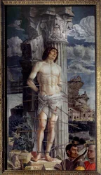 Umučení svatého Šebestiána. Obraz Andrea Mantegny (1431-1506), 1480. Rozměry 2,55 x 1,4 m