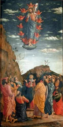 Výstup. Obraz Andrea Mantegna (1431-1506) z roku 1460. 86x42,5 cm. Firenze, Galleria degli Uffizi. - Nanebevstoupení Krista, Andrea Mantegna (1431-1506). Tempera na dřevě, 86x42,5 cm