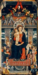 Trůnící Panna Marie, detail ze střední části oltáře San Zeno od Andrey Mantegny (1431-1506), dřevo, 220x115 cm, bazilika San Zeno, Verona