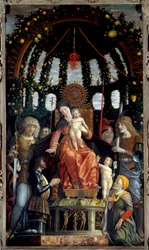 Virgin of Victory (Madonna of Victory). Panna Maria je zastoupena: svatý Michael, svatý Jiří, svatý Longin a svatý Ondřej. Patron obrazu, markýz z Mantovy, Francois II de Gonzague (Francis II Gonzaga)