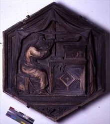 Hudba, šestihranná dekorativní reliéfní dlaždice ze série zobrazující Sedm svobodných umění, možná podle návrhů Giotta (asi 1266-1337) asi 1334-48 (mramor)