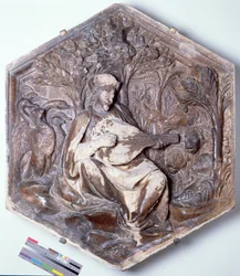 Poezie, šestihranná dekorativní reliéfní dlaždice ze série zobrazující Sedm svobodných umění, možná podle návrhů Giotta (asi 1266-1337) asi 1334-48 (mramor)