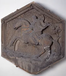 The Art of Hunting, šestihranná dekorativní reliéfní dlaždice ze série zobrazující praktiky umění a věd, možná podle návrhů Giotta (asi 1266-1337) asi 1334-48 (mramor)