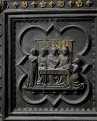 Prezentace hlavy svatého Jana Křtitele králi Herodovi (21 př. n. l. – 39 n. l.), sedmnáctý panel jižních dveří baptisteria v San Giovanni, 1336 (bronz)