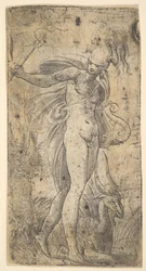 Merkur stojící, v pravé ruce drží kadeco, v levé lyru, ca. 1536-40.