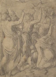 Mojžíš ukázal křepelkám Izraelitům zázrak křepelek a manny, ca. 1545.