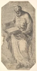 Svatý Petr drží velkou otevřenou knihu s klíči po boku, z knihy „Kristus a apoštol..., ca. 1548-50.
