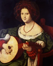 Loutnista, od Andrea Solario (cca 1465-1524), olej na plátně, 64x52 cm. Itálie