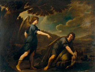 Anděl a Tobiáš s rybou - obraz Andrea Vaccaro (1604-1670), olej na plátně (199,5x262 cm), cca 1640, italské umění