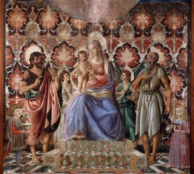 Panna s dítětem se svatým Janem Křtitelem a dalším světcem, dvěma anděly a dvěma dětmi rodiny Pazzi Freska od Andrea del Castagno (1421-1457) Florencie, Palazzo Pitti