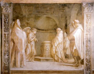 Anděl oznamující narození dítěte Zachariášovi, detail z Příběhů Panny od Andrea del Sarto (1486-1530), monochromní freska, klášter Scalzo, Florencie