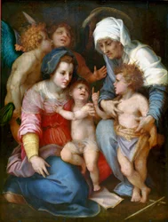 Madona s dítětem se svatou Alžbětou, svatým Janem a dvěma anděly Malba na dřevě od Andrea del Sarto (1486-1530) 1515-1516 Ne. 141x106 cm Paříž, Musee du Louvre