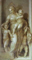 Znázornění charity, detail z Příběhů svatého Jana od Andrea del Sarto (1486-1530), freska v monochromatickém klášteru Scalzo, Florencie