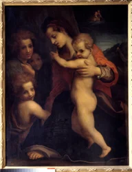 Obraz Panny Marie, Jezulátka, svatého Jana a dvou andělů od Andrea del Sarto (1486-1531) Slunce ze 16. století. 1,06x0,79m Madrid, muzeum Prado