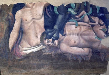 Triumf smrti, detail mučení zatracených, freska z roku 1348
